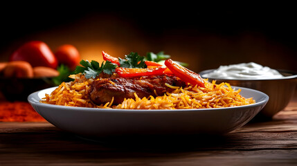 A delicious plate of flavorful biryani topped with fresh tomatoes and herbs, served alongside creamy yogurt.