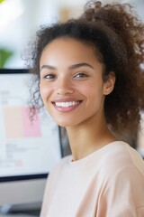 Young african american woman smiling while working at a desk, with a computer screen in the background, exuding confidence and positivity