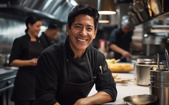 Un chef hispano confiado, sonriendo mientras mira a la c&aacute;mara. Un exitoso CEO de cocina, amable y pulcro