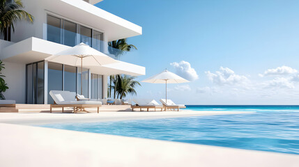 Fototapeta premium A modern beachfront villa with an inviting pool and sun loungers under umbrellas, perfect for relaxation.