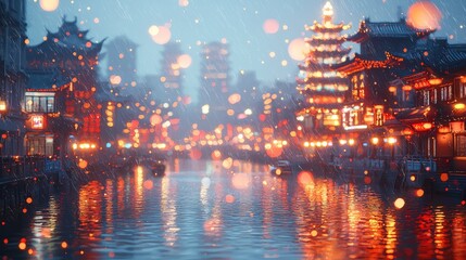 Fototapeta premium Blurred View of Ancient Chinese City with Bokeh Lights at Night