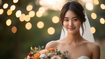 Fototapeta premium beautiful bride with bouquet, surrounded by soft bokeh lights, radiates joy and elegance on her special day.