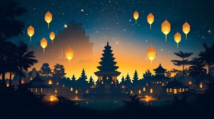 Naklejka premium A serene flat illustration background for Nyepi Day, featuring a peaceful Balinese temple (Pura) silhouette under a starry night sky, with glowing lanterns and traditional Balinese motifs