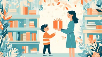 A heartwarming flat illustration for International Book Giving Day, featuring a diverse group of people joyfully exchanging books, surrounded by floating books, gift boxes, and heart symbols