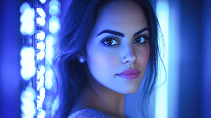 Close-up portrait of a woman artistic with blue lighting
