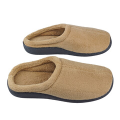 Home slippers isolated on white background. Warm Soft slippers. Comfortable brown shoes for home
