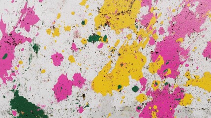 Close-up of a white wall splashed with a mix of pink, yellow, and green Holi colors a?" q2,
