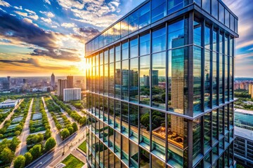 Obraz premium Modern Office Building Aerial View with Panoramic Windows & Cityscape