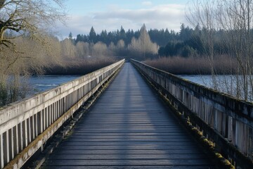 Naklejka premium Serene Wooden Bridge Over Calm Water Surrounded by Lush Nature