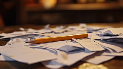 Naklejka premium A broken pencil and scattered papers on a desk, symbolizing loss of motivation and focus.