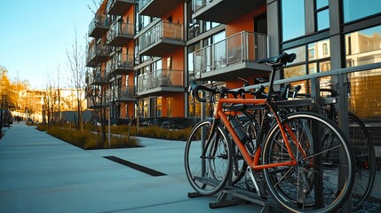 Obraz premium A cyclist securing their bike onto a new apartment complex rack