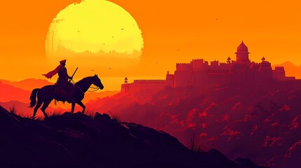 A detailed illustration background for Shivaji Jayanti, featuring a majestic portrait of Chhatrapati Shivaji Maharaj on horseback, overlooking a grand Maratha fort at sunrise