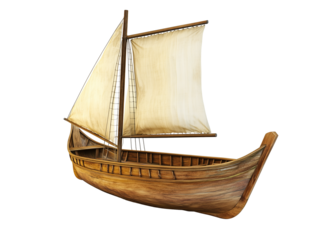 Traditional wooden boat with sail, isolated on a white background