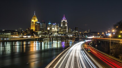 Obraz premium Vibrant night highway with light trails stretching towards the illuminated city skyline. The mesmerizing view of a busy thoroughfare at night, where the streaks of light from vehicles create a beautif