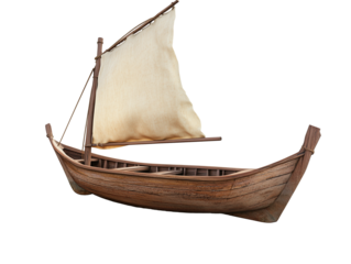 Traditional wooden boat with sail, isolated on a white background
