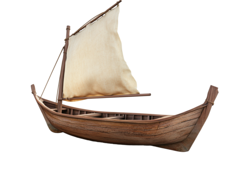 Traditional wooden boat with sail, isolated on a white background