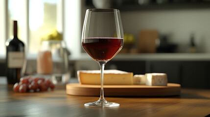 Naklejka premium A glass of rich red wine with a smooth texture, placed on a wooden table with a cheese platter in the background.