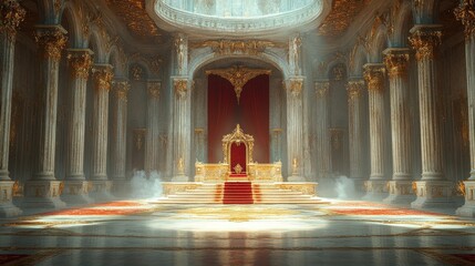 Regal Throne in Grand Hall with Adorned Columns and Rich Colors