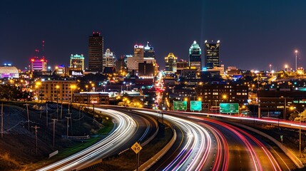 Vibrant night highway with light trails stretching towards the illuminated city skyline. The mesmerizing view of a busy thoroughfare at night, where the streaks of light from vehicles create a beautif