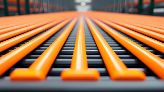 A close-up view of orange and black conveyor rollers arranged in parallel, creating a striking linear pattern.