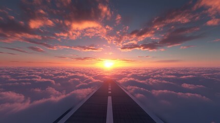 Beautiful Sunset Over Runway Above Clouds at an Airport