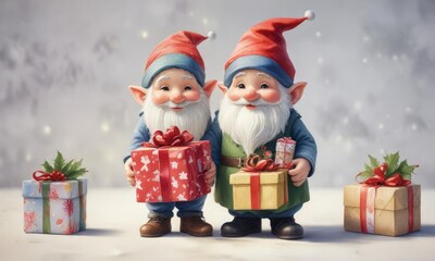 Watercolor painting of cute little gnome holding tiny Christmas presents, imagination, magical creature, green, white, dwarf