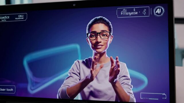 Advanced AI tutor presenting educational concepts through interactive laptop screen, highlighting innovative digital learning technologies