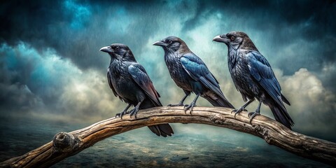 Fototapeta premium Monochrome Fashion Photography: Three Crows on Branch