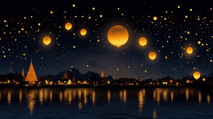 Nighttime Festivities: Vector Design of Loy Kratong Thailand Festival with Moon Lanterns and River in Background