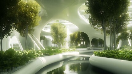 A futuristic hydroponic vertical farm with rows of fresh leafy greens