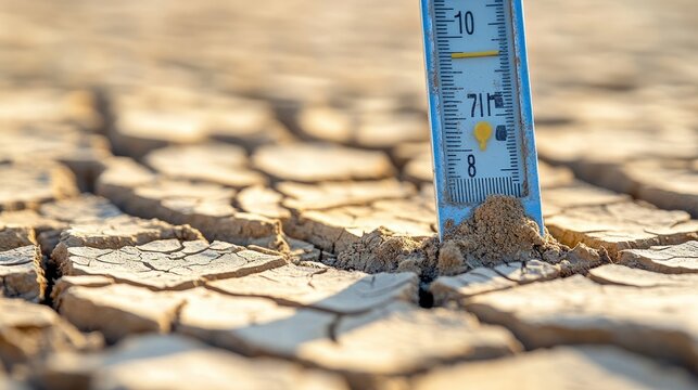 A close-up of a thermometer in dry, cracked soil, indicating record-breaking heat.