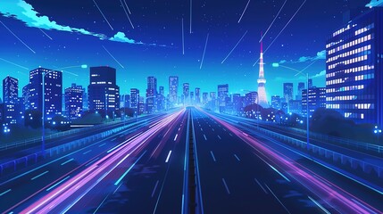 Obraz premium Vibrant night highway with light trails stretching towards the illuminated city skyline. The mesmerizing view of a busy thoroughfare at night, where the streaks of light from vehicles create a beautif