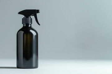 Black glass spray bottle with cleaning solution on light background