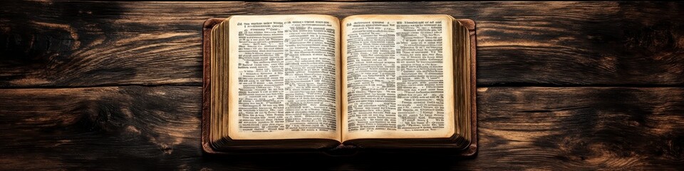 Obraz premium Antique book with musical notation open on a dark brown wooden surface. Overhead shot