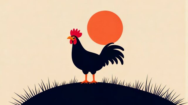Rooster Crowing at Sunrise with Red Sun Rising Behind on Hill Silhouette, Minimalistic Illustration With Blue and Orange Contrast, Morning Rural Scene, Simplistic Art for Seasonal Themes, Nature