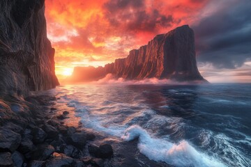 Fototapeta premium Remote Coastline at Sunset with Towering Cliffs