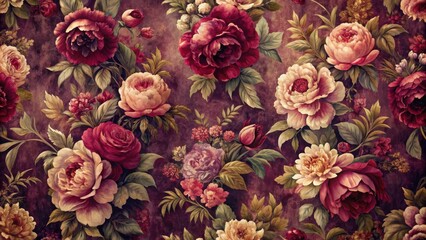 Fototapeta premium Distressed vintage floral wallpaper with old flock style decor featuring dark red and purple hues, peonies, roses, and other flowers in a traditional design, flock style decor,