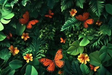 Vibrant Monarch Butterflies Among Lush Green Leaves and Colorful Orange Flowers in Nature