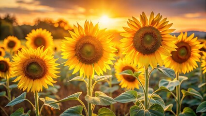 Obraz premium A group of sunflowers standing tall in a field with warm soft morning light illuminating their bright yellow petals and delicate details , floral fields, golden hour