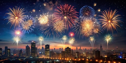 Obraz premium Dark and moody fireworks display over a cityscape at night with twinkling stars in the sky, mystery, celestial