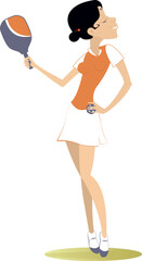 Smiling young woman playing pickleball. 
Pickleball sport. Young woman plays pickleball. Isolated on white background
