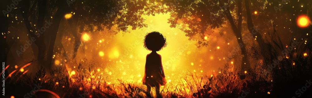 Poster child glows brightly in a magical forest at dusk surrounded by sparkling lights