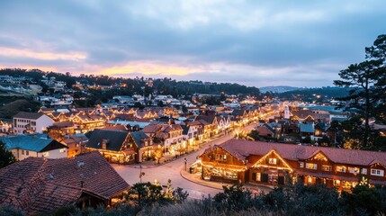 Obraz premium Scenic Twilight View of a Charming Christmas Village at Dusk