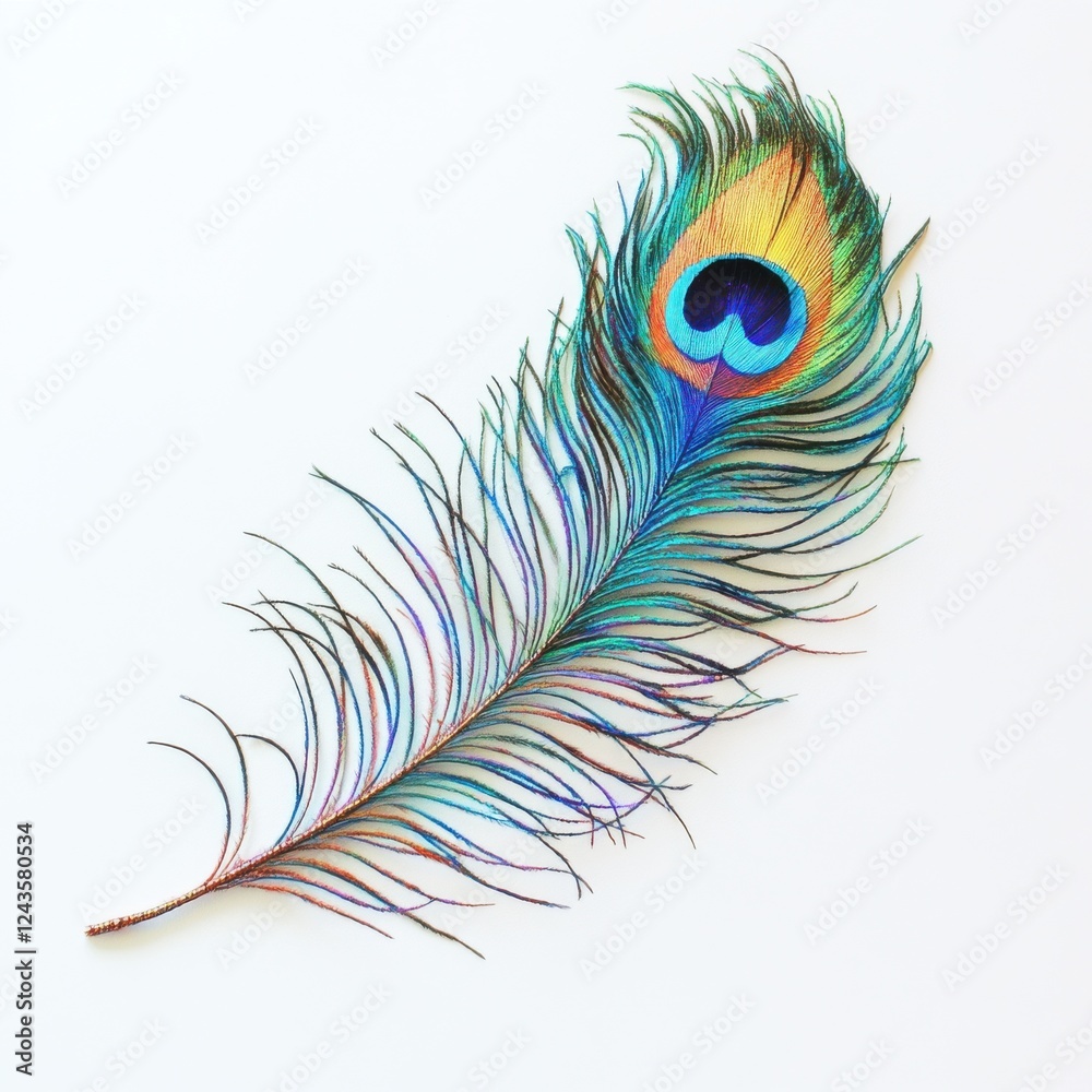 Poster Vibrant peacock feather showing intricate patterns and vivid colors in a clean, minimalist setting