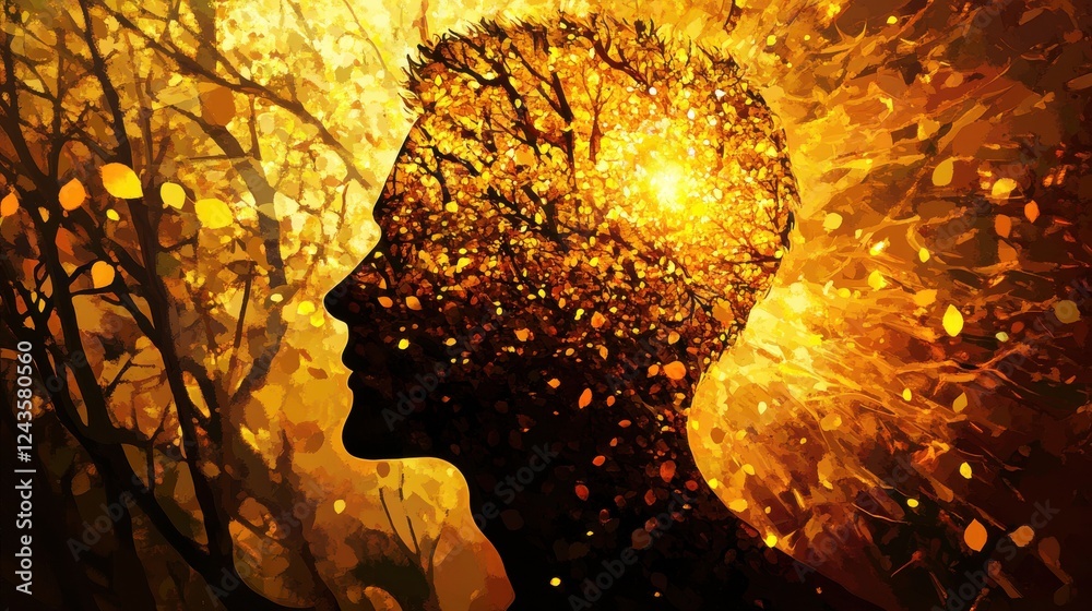 Aufkleber portrait of a man with a luminous nature scene blending into his silhouette in a vibrant setting