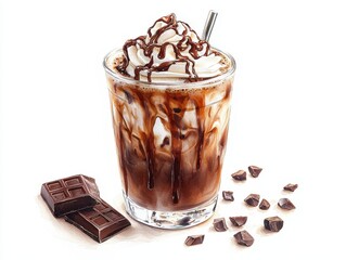 watercolor wall art painting Delicious chocolate milkshake topped with cream and chocolate drizzle in a glass. 