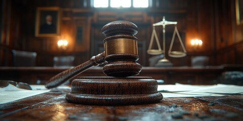 Obraz premium Gavel and Scales of Justice in Courtroom