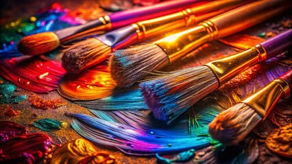 Night Macro Photography: Vibrant Paint Strokes & Brushes Artistic Display