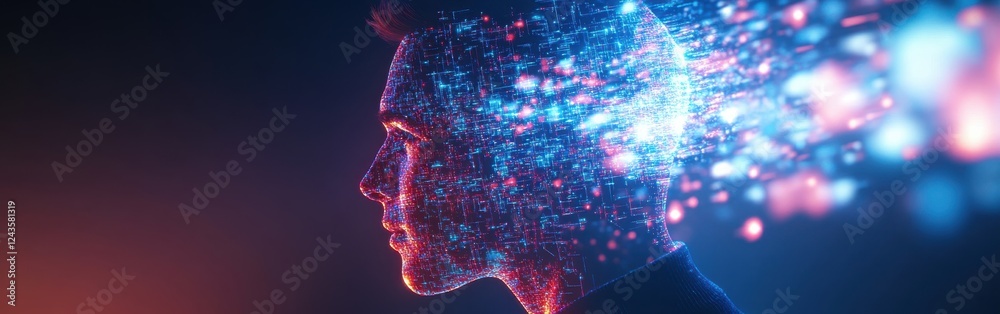 Poster vibrant profile of a man filled with colorful digital elements and light effects in a dramatic setti