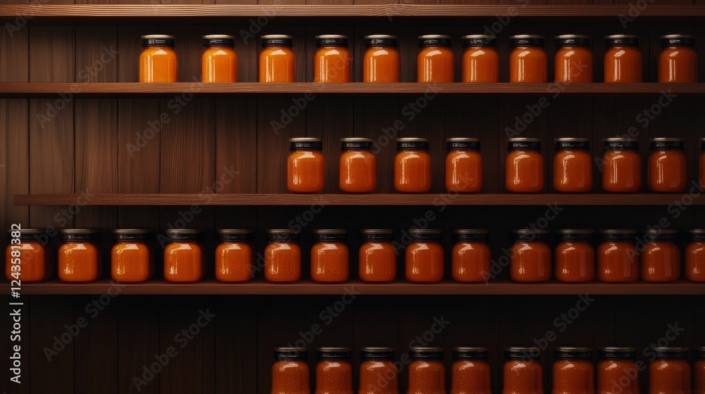 Poster a collection of honey jars is aligned on a rustic wooden shelf, warm light accentuating the golden s